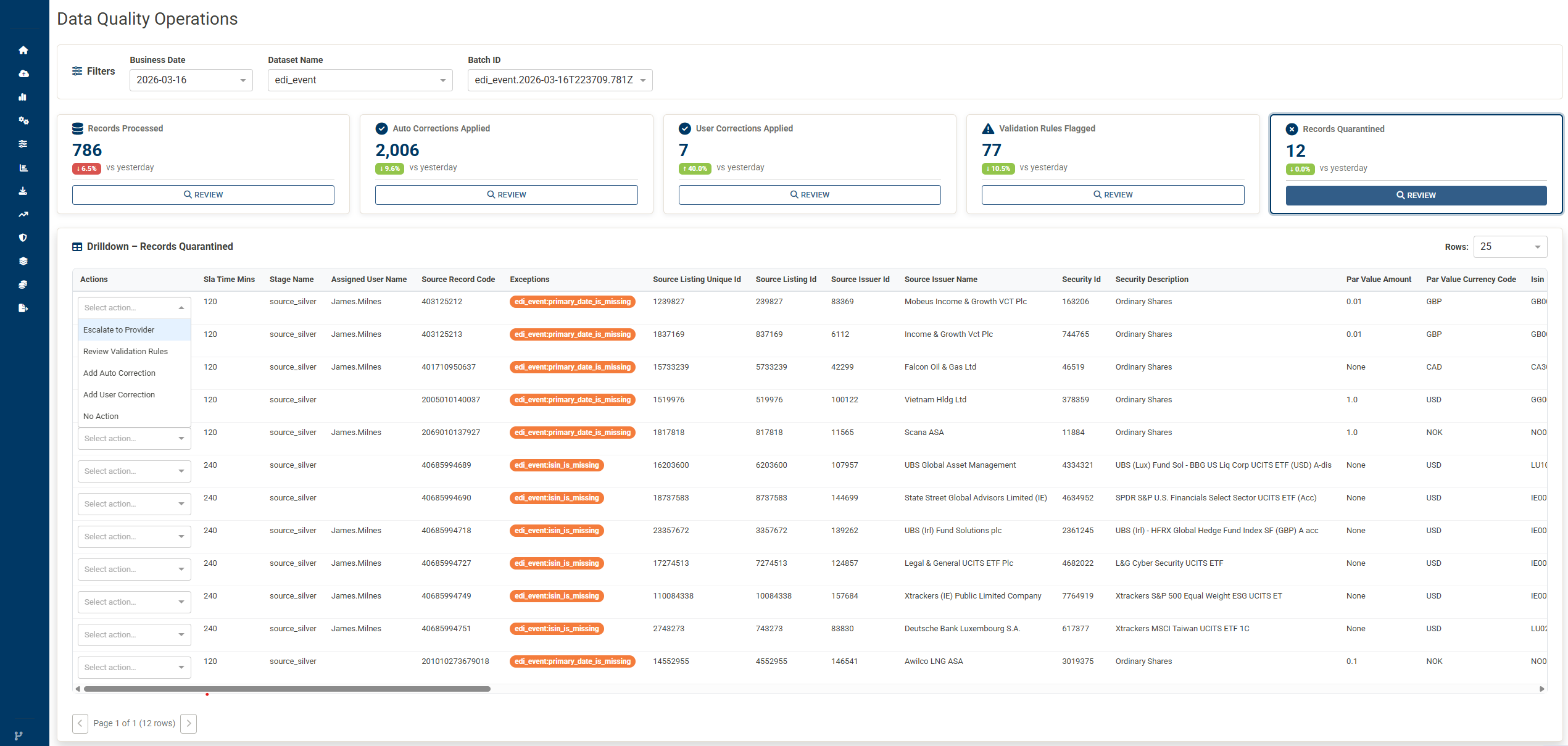 MSD data quality operations screen